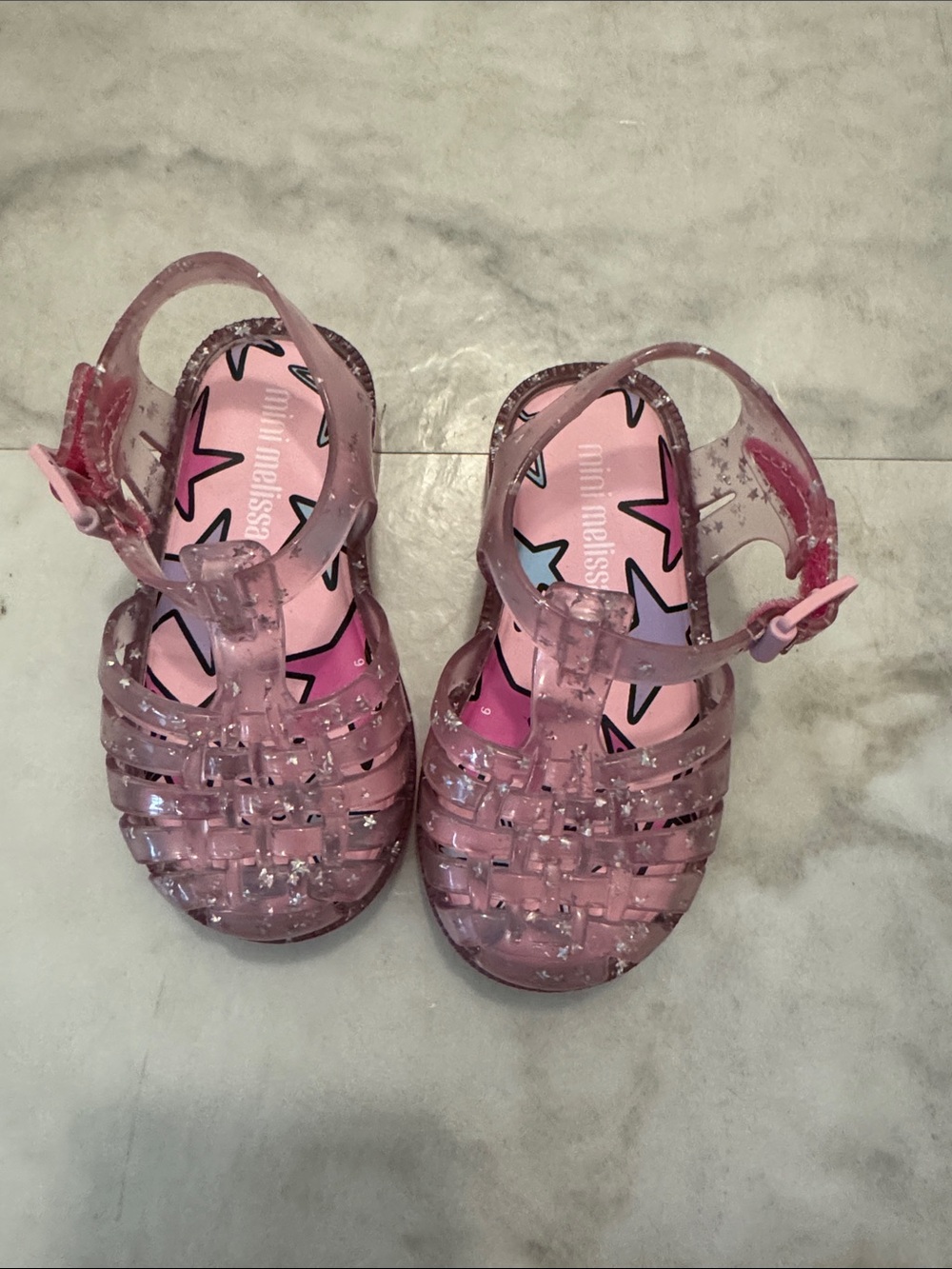 Mini Melissa Pink Glitter Jelly Sandals with Star Insole